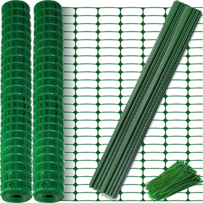 2 Rolls x 100' Feet/Roll - Plastic Garden Fence Roll, Pets Animals Barrier Fence Set, 48" Inch Steel Plant Stakes Posts and Zip Ties Included, Customizable Size Cuttable Fencing