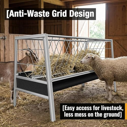 77Gal Pasture Hay Feeder, 2-in-1 Multi-Functional Livestock Feeder, Elevated & Stable Stainless Frame with Rubber Liner Container, Large Volume for Farm Ranch Kinds of Livestock