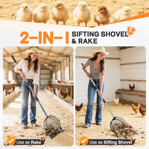 CAROD Metal Chicken Poop Scooper and Rake 2-in-1, Poop Chicken Scoop Sand with Stainless Steel Handle (43-73" Adjustable), Sifter Shovel Chicken Coop Sand Rake for Chicken Coops & Farm Animals - size: medium