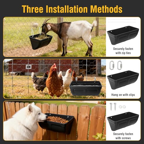 2 Pack Hanging Chicken Feeder Trough for Goat,Sheep,Dog.Livestock Feeding Container Goats Supplies Feeders Waterer Bucket (Black) - color: Black