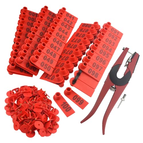 WMYCONGCONG 1-100 Number Plastic Livestock Ear Tag Animal Tag and 1 PCS Ear Tag Applicator for Goat Sheep (Red)