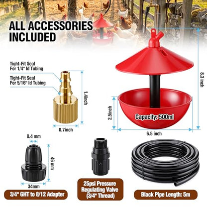 Automatic Poultry Waterer System with 5M Tubing, Hanging Chicken Waterer Bowl with 25 PSI Pressure Regulator, Brass Barb Connector & 3/4" GHT Adapter for Chickens, Ducks, Turkeys and Game Birds