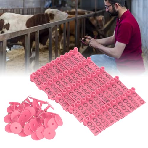 100 Sets Pre Numbered Livestock Ear Tags, Lightweight PP Vibrant Roseate Numbered Ear Tags with Pins for Goats Sheep Cattle Cows Pigs Horses Farm Animal Identification Supplies - color: Roseate