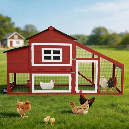 Mobile Chicken Tractor with 2 Nesting Boxes, 81" Large Wooden Chicken Coop for 2-4 Chickens, Predator Proof Poultry House with Wheels, Waterproof Roof & Removable Tray (Red, 73.4"L x 27.9"W x 43.2"H) - color: Red, size: 73.4"L x 27.9"W x 43.2"H