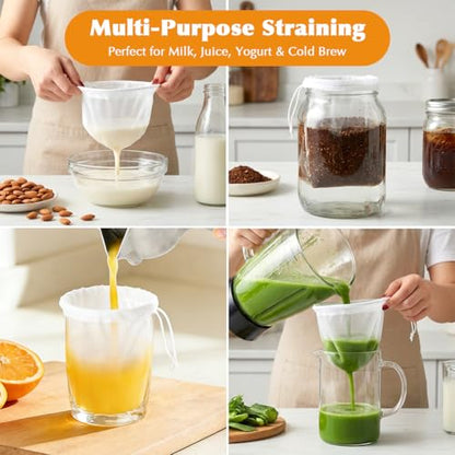 8 Pack 200 Mesh Nut Milk Bags for Straining, 12 x 8 Inch Reusable Nylon Food Grade Filter Cheese Cloth Bags for Straining Almond Milk, Juice, Yogurt, Tea & Coffee