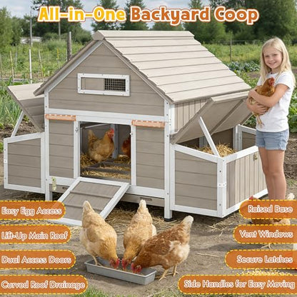 Ketive Large Chicken Coop for 2–4 Chickens Outdoor Poultry Cage Wooden Hen House with 6 Nesting Boxes, Reinforced Boxes, Dual Ramp Doors, Curved Wood Roof, Tray, Expandable (61.1"L x 38"W x 40.2"H) - size: 61.1"L x 38.0"W x 40.2"H