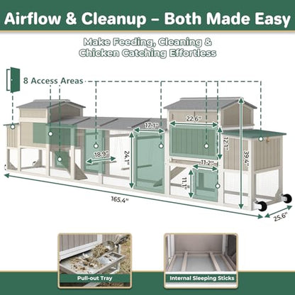Large Chicken Coop with Run for 6-12 Chickens, Mobile Outdoor Hen House Chicken Tractor with Full Asphalt Roof, Wheels, Wooden Poultry Cage with 4 Nesting Box, Pull-Out Tray & Fun Swing - color: Grey