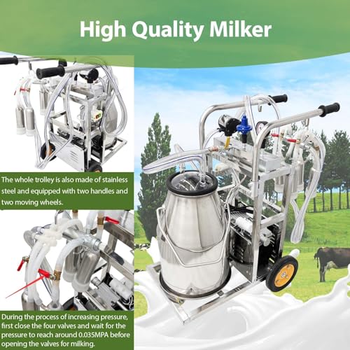 25L Electric Cow Goat Milking Machine Portable Oil-Free Vacuum Pump Milker 1440 RPM Suction Pump with 304 Stainless Steel Bucket and Regulator Farm Supply