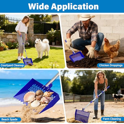 2-in-1 Chicken Poop Scooper & Rake 12-Inch Large Metal Shovel Head Adjustable Stainless Steel Handle (24 to 64") Litter Sifting Shovel Cleaning Tools for Chicken Run, Animal Farm (Blue) - color: Blue