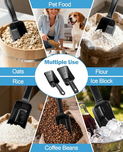 2-Pack Dog Food Scoop Set,1 Cup and 2 Cup Plastic Pet Food Measuring Scoops with Clear Measurement Lines,Multi-Purpose Pet Food Scooper for Dogs, Cats (Black) - color: Black
