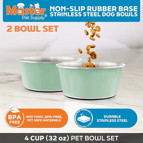 Master Pet Supply Stainless Steel Dog Bowls Set of 2 (32 Oz Each) with Non-Slip Rubber Base - Pistachio - Basic Dog Food Bowl Water & Food Bowls for Small Medium Large Dogs & Cats, Metal Dish - color: Pistachio, size: 4 Cups (32 oz) 2 Pack