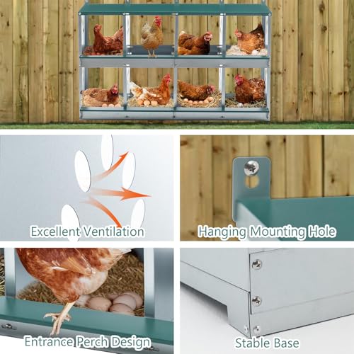 Chicken Nesting Box for Laying Eggs - 8 Room Chicken Laying Boxes, Nesting Boxes for Chickens, Heavy Duty Metal Chicken Coop, 42.72" L x 16.34" W x 26.38" H - size: 42.72" L x 16.34" W x 26.38" H