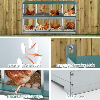 Chicken Nesting Box for Laying Eggs - 8 Room Chicken Laying Boxes, Nesting Boxes for Chickens, Heavy Duty Metal Chicken Coop, 42.72" L x 16.34" W x 26.38" H - size: 42.72" L x 16.34" W x 26.38" H