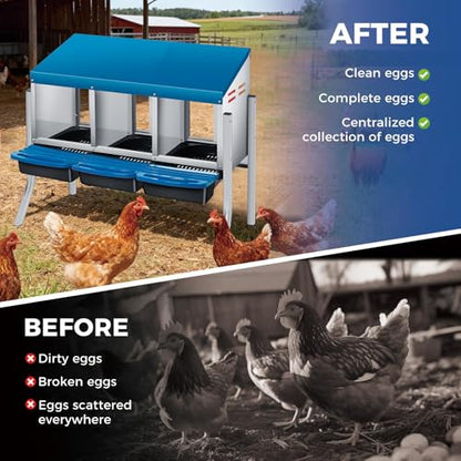 Chicken Nesting Boxes, Heavy-Duty 8-Compartment Metal Chicken Nesting Box – Removable Tray, Ventilation Holes, Easy Egg Collection, Rustproof Galvanized Steel - Blue - 3 - Slot - with Legs - color: Blue, size: 3 - Slot - With Legs