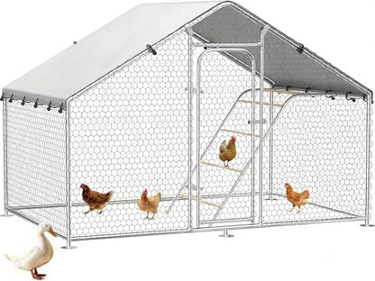 Large Metal Chicken Coop with Roosting Perch, UV-Resistant and Waterproof Cover, Chicken Run Outdoor Walk-in Cage Rabbit Duck Hen House for Yard Farm Use Spire Roof (10’ W x 4.9’ L x 6.4’ H) - size: 59.9"L x 118.0"W x 78.0"H