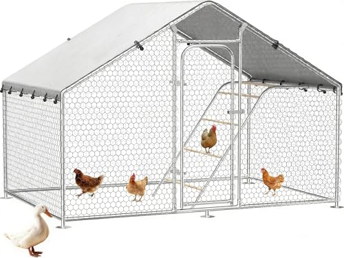 Large Metal Chicken Coop with Roosting Perch, UV-Resistant and Waterproof Cover, Chicken Run Outdoor Walk-in Cage Rabbit Duck Hen House for Yard Farm Use Spire Roof (10’ W x 4.9’ L x 6.4’ H) - size: 59.9"L x 118.0"W x 78.0"H