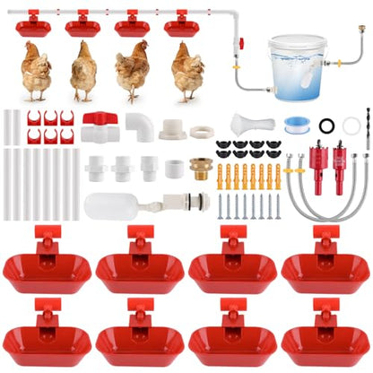 Kalolary Complete Set Automatic Chicken Drinking System, Upgraded Extra Large Poultry Chicken Waterer Cup with Stainless Steel PVC Pipeline，Float Valve and Tank Connector Kit(66 Accessories Included)