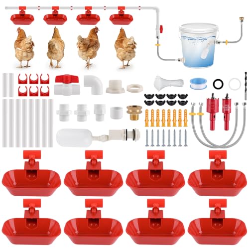 Kalolary Complete Set Automatic Chicken Drinking System, Upgraded Extra Large Poultry Chicken Waterer Cup with Stainless Steel PVC Pipeline，Float Valve and Tank Connector Kit(66 Accessories Included)