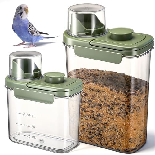 Maxdot 2 Pcs Bird Food Storage Container, Bird Seed Container with Lids Airtight Cup Pet Parrot Food Storage 1.7 Qt & 3 Qt Measuring Containers Easy Pour Spouts for Macaws African Cockatoos(Green) - color: Green