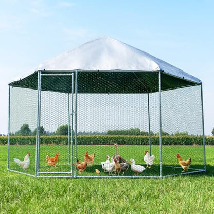 Large Metal Chicken Coop, Chicken Runs for Yard with Cover Walk-in Poultry Cage for 10 20 Chickens,Chicken Pen Duck Coop with Water-Resident Top and Feeding Door, Hexagon Hen House 13.2Lx11.4Wx8.6H FT - size: 13.2'L x 11.4'W x 8.6'H