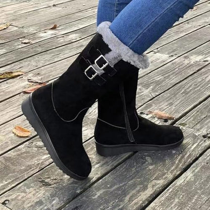 Women's Mid Length Boots Suede Snow Boots Metal Buckle Furry Wedges Booties Outdoor Thick Insulation Warm Plus Fleece shoes - color: Black, size: 5.5