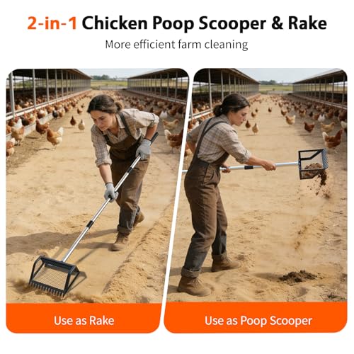 VavoPaw Chicken Poop Scooper, 35–75'' Adjustable Chicken Coop Scoop with Ergonomic Handle, 2-in-1 Scoop Shovel & Poop Rake for Easy Waste Cleaning, Metal Pooper Scooper for Henhouse, Sand, Cattle Shed