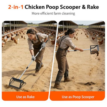VavoPaw Chicken Poop Scooper, 35–75'' Adjustable Chicken Coop Scoop with Ergonomic Handle, 2-in-1 Scoop Shovel & Poop Rake for Easy Waste Cleaning, Metal Pooper Scooper for Henhouse, Sand, Cattle Shed