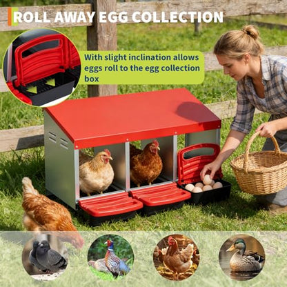 Chicken Nesting Boxes 3 Compartments, Metal Rollout Egg Laying Box with Swing Perch, Easy Clean Hen Nesting Box for Chicken Coop and Poultry Houses