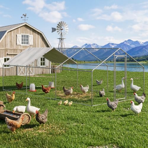 LEMBERI Metal Large Chicken Coop, Spire Shape Walk-in Poultry Chicken Hen cage, Rabbits Duck Cages with Waterproof and Anti-Ultraviolet Cover for Outside,Backyard and Farm - size: 236.16"L x 118.1"W x 76.8"H