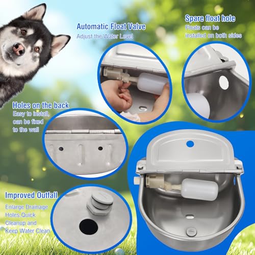 2-Pack Automatic Livestock Waterer, 304 Stainless Steel Auto Fill with Float Valve, Drainage Hole & Baffle, Without Hose, Wall/Floor Mount, for Dogs, Chickens, Horses, Goats, Pigs