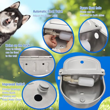 2-Pack Automatic Livestock Waterer, 304 Stainless Steel Auto Fill with Float Valve, Drainage Hole & Baffle, Without Hose, Wall/Floor Mount, for Dogs, Chickens, Horses, Goats, Pigs