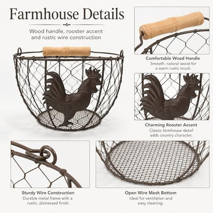 3 Pack 8 Inch Egg Basket for Gathering Fresh Eggs, Farmhouse Wire Holder with Wood Handle, Rustic Metal Round Countertop Storage with Rooster Pattern for Chicken Coop, Kitchen and Pantry