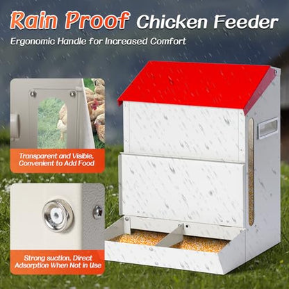 Automatic Chicken Feeder No Waste, Wall Mount| Weatherproof| Mess Free | Galvanized Hanging Poultry Feeder with Lid| Metal Chicken Feeder Trough Food Dispenser for Duck Geese|Hens| Turkeys Coop