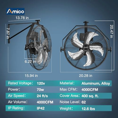 Amico 18 Inch Wall Mount Fan with Remote, 9-Speed Industrial Metal Fan, High Velocity Wall Fan with Brushless DC Motor, 4000 CFM Commercial Fans for Garage, Greenhouse, Warehouse, shop, Patio, Outdoor - size: 18 inch
