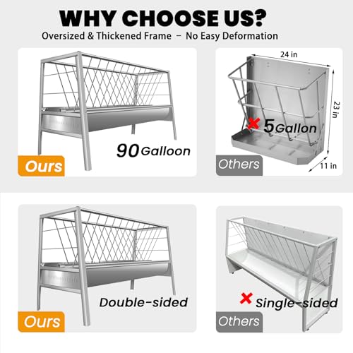 Upgraded 2 in 1 Livestock Pasture Feeder, Premium Stainless Steel Goat Hay Feeder, 5FT Long Feed Horse Hay Feeder with Durable Frame, Hay Rack for Horses,Foal,Cows, Goats