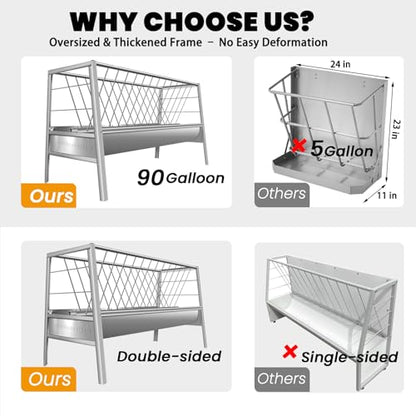 Upgraded 2 in 1 Livestock Pasture Feeder, Premium Stainless Steel Goat Hay Feeder, 5FT Long Feed Horse Hay Feeder with Durable Frame, Hay Rack for Horses,Foal,Cows, Goats