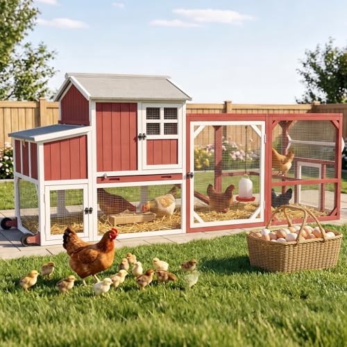 Large Chicken Coop with Wheels, Outdoor Hen House Tractor for 3-6 Chickens | 3 Nesting Boxes, 6 Access Doors, Pull-Out Tray, Mobile, Expandable, Easy-Clean, Breathable, 95"L - size: 95.0"L x 32.0"W x 45.0"H