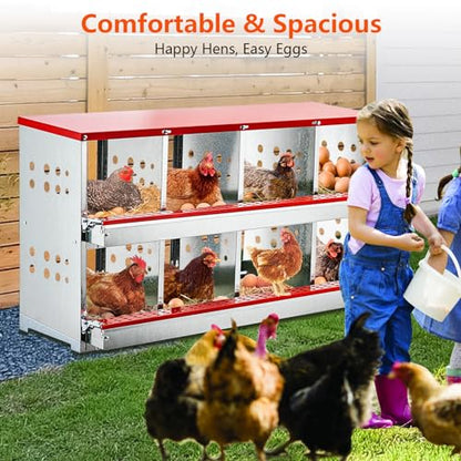 8 Compartment Metal Chicken Nesting Boxes for Hens - Heavy Duty Galvanized Steel Poultry Laying Box with Roll Away Egg Collection Tray & Perch, Wall Mount Coop Nest Box for Chickens & Ducks