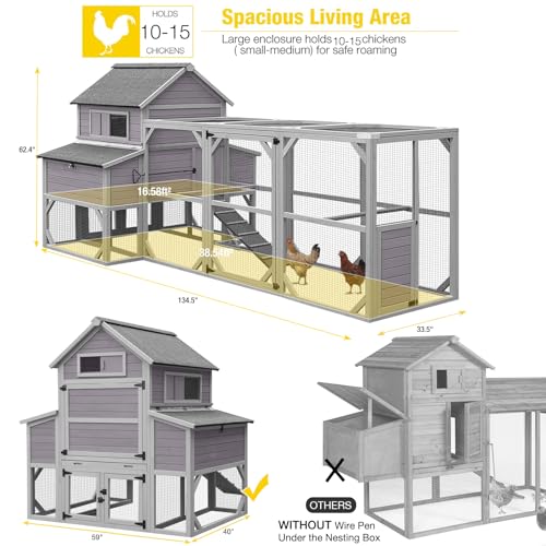 Aivituvin Extra Large Chicken Coop 137" L Hen House Duck Cage for 10-15 Chickens with Spacious Run, 6 Nesting Box, 6 Raised Perches (Grey, AIR46) - color: Grey, size: AIR46