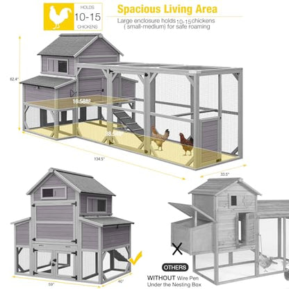 Aivituvin Extra Large Chicken Coop 137" L Hen House Duck Cage for 10-15 Chickens with Spacious Run, 6 Nesting Box, 6 Raised Perches (Grey, AIR46) - color: Grey, size: AIR46