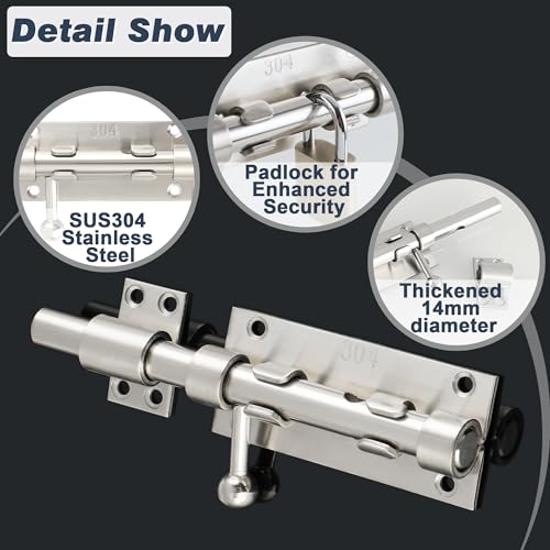 Alise Slide Lock SUS304 Stainless Steel Gate Latch, Slide Bolt Latch,Thickened Heavy Door Latch Lock,8 Inch Brushed Barrel Bolt Latch, Security Slide Latch Lock - color: Brushed, size: 8 Inch (Regular)