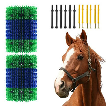 Livestock Scratching Brush 2 Pcs, Heavy Duty Horse Brush with Mounting Screws, Itch Relief & Grooming for Cattle Goat Pig Cow, Farm Animal Back Scratcher, Blue & Green - color: Blue green 2