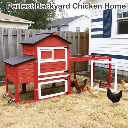 Large Mobile Chicken Coop Wooden with Wheels, Expandable Outdoor Chicken House with Nesting Box & Pull-Out Tray, Easy-Clean Poultry Coop for 2–3 Chickens & Ducks - color: Red