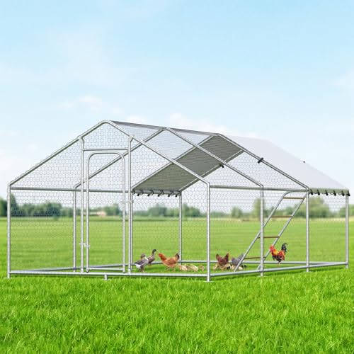 Large Metal Chicken Coop with Roosting Perch, Waterproof and UV-Resistant Cover,Outdoor Walk-in Cage Hen House for Yard Farm Rabbit Duck Chicken Run with Spire Roof (10'W x 19.7'L x 6.4'H) - size: 236.2"L x 118.0"W x 78.0"H