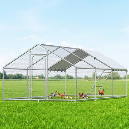 Large Metal Chicken Coop with Roosting Perch, Waterproof and UV-Resistant Cover,Outdoor Walk-in Cage Hen House for Yard Farm Rabbit Duck Chicken Run with Spire Roof (10'W x 19.7'L x 6.4'H) - size: 236.2"L x 118.0"W x 78.0"H