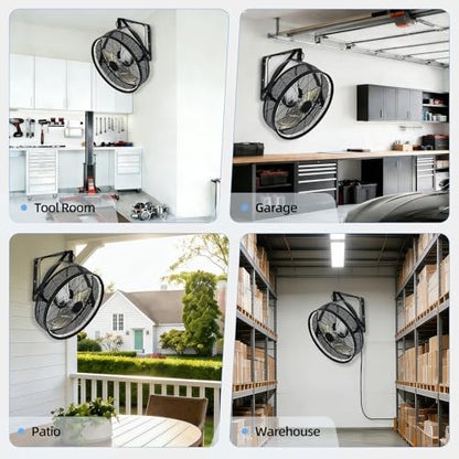 AHAWILL 20" Wall Mounted Fan with Lights, 360° Adjustable Tilt,Garage Wall Mount Fan with Remote&APP, Plug in Wall Fan,6-Speed&Reversible Gazebo Fan,3CCT Dimmable&Timer for Toolroom,Patio,Warehouse