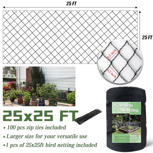 Bird Netting，25 x 25 FT Garden Netting Bird Net for Chicken Coop, Poultry Netting Fence for Fruit Trees, Plants and Vegetables Against Birds, Deer, Squirrels and Other Animals - size: 25 x 25 FT