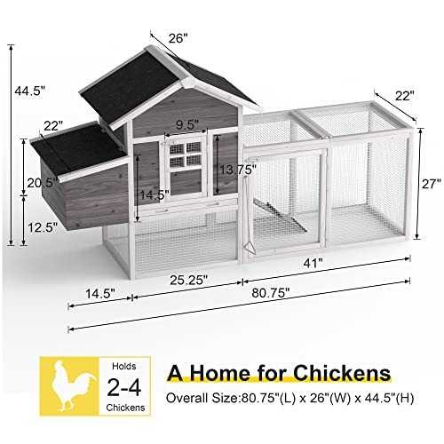 GOJOOASIS Chicken Coop for 2-4 Chickens Outdoor Grey Wooden Hen House Poultry Cage w/Wire Fence, Ramp, Nesting Box, Tray, Roosting Bar, 4 Access Areas (E) - size: E