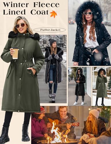 Womens Long Puffer Winter Coats Fleece Jacket Down Parka Warm Overcoat Thicken Quilted Jacket Removable Fur Coat - color: Green, size: Medium