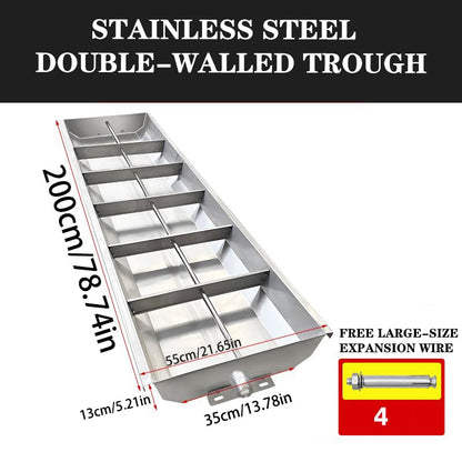 2 in 1 Livestock Feed Trough for Pig Sheep Cattle, 79in Hog Feeder Livestock Feed, Heavy Duty Stainless Steel, Separated Fence Feeder Trough, Sloped Opening and Easy to Eat,Silver,200cm